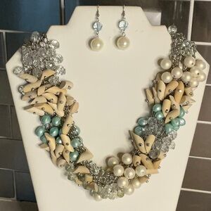Statement Faux Pearl Aquamarine Necklace Set